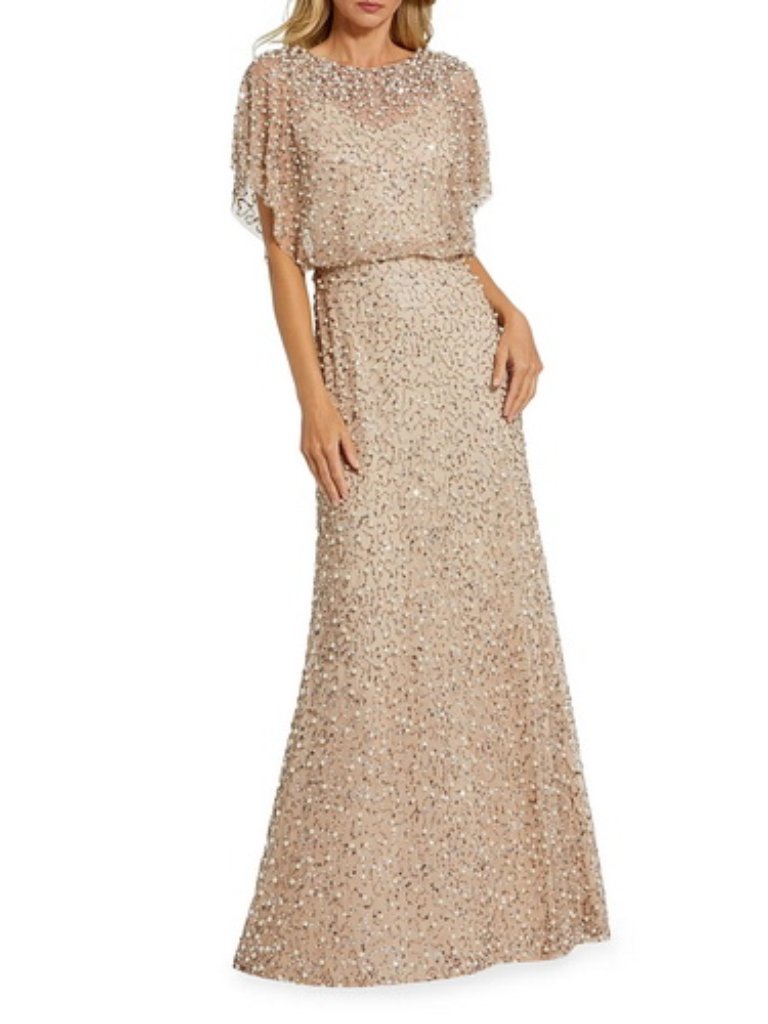 Mac Duggal Nude Gold Beaded Sequin Mesh Gown With Shawl Gown
